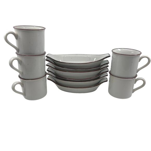 VTG Stoneware Set Cream Speckled 6 Bakers 5 Mugs Vintage Serveware Bakeware 11Pc - Picture 10 of 15